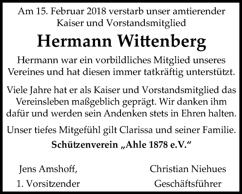  Traueranzeige für Hermann Wittenberg vom 20.02.2018 aus Münstersche Zeitung und Münsterland Zeitung