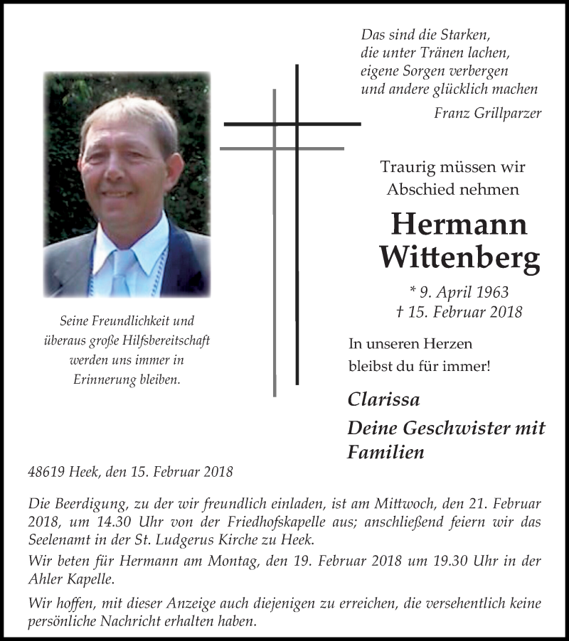  Traueranzeige für Hermann Wittenberg vom 19.02.2018 aus Münstersche Zeitung und Münsterland Zeitung