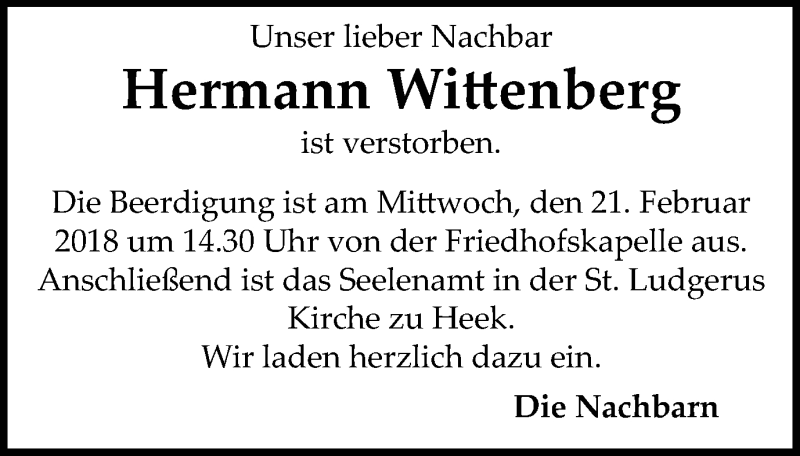  Traueranzeige für Hermann Wittenberg vom 20.02.2018 aus Münstersche Zeitung und Münsterland Zeitung