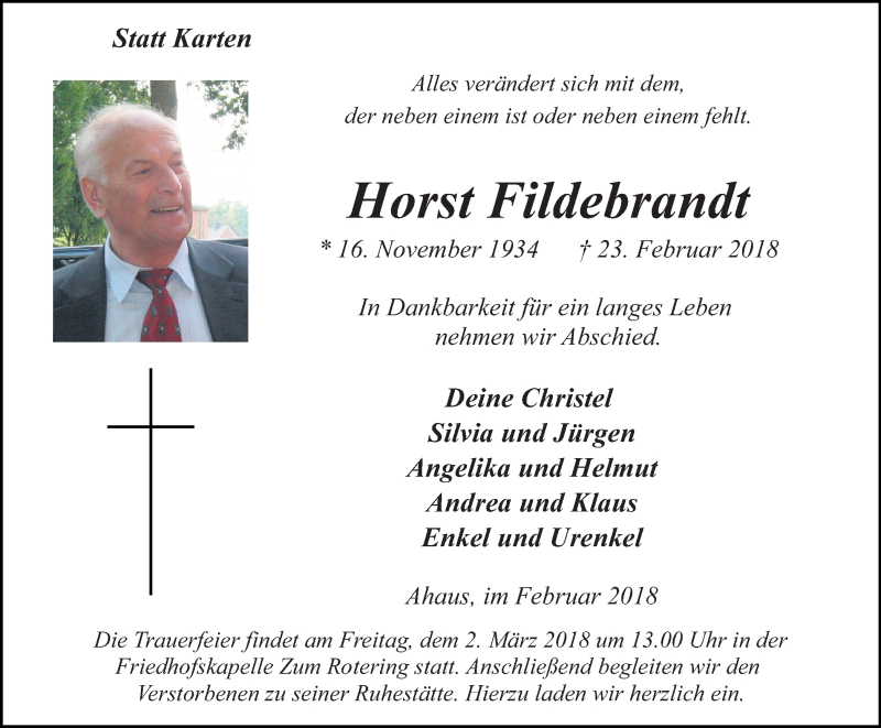  Traueranzeige für Horst Fildebrandt vom 28.02.2018 aus Münstersche Zeitung und Münsterland Zeitung