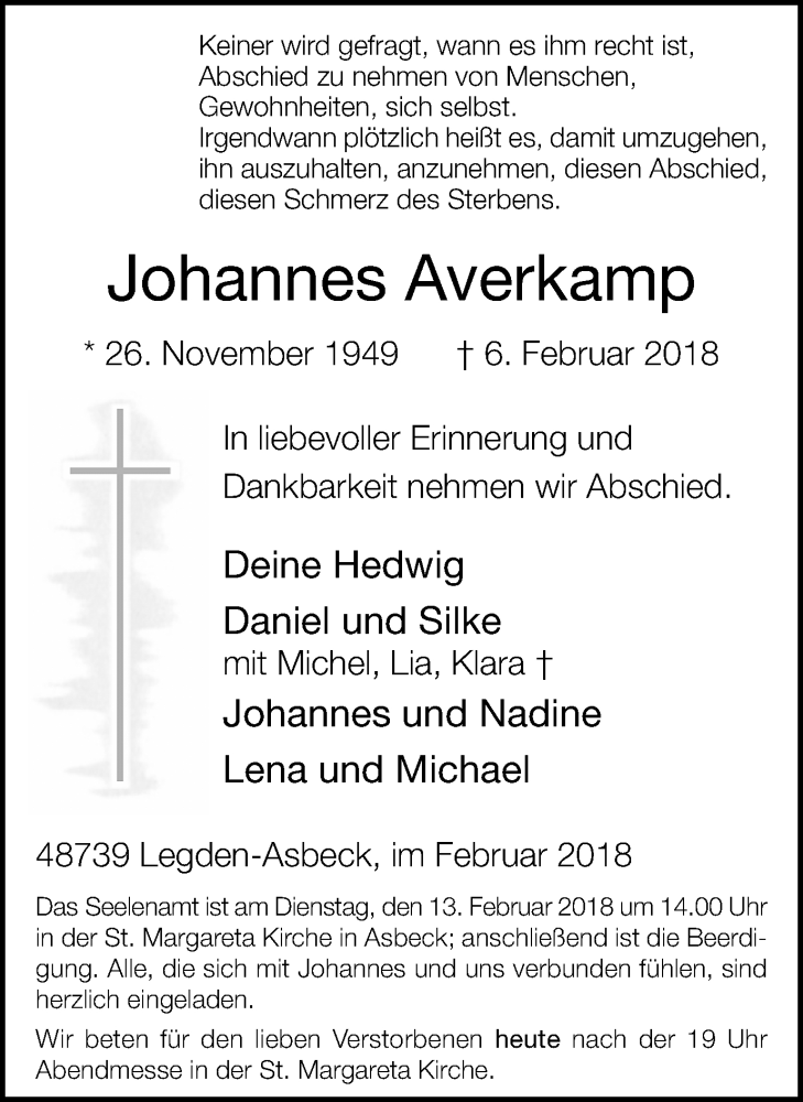  Traueranzeige für Johannes Averkamp vom 09.02.2018 aus Münstersche Zeitung und Münsterland Zeitung