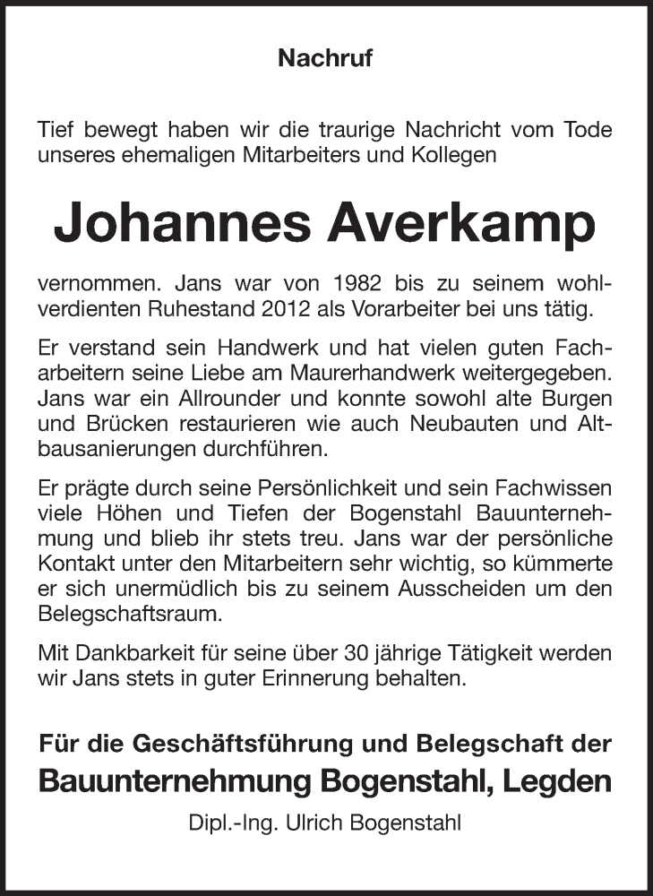  Traueranzeige für Johannes Averkamp vom 10.02.2018 aus Münstersche Zeitung und Münsterland Zeitung