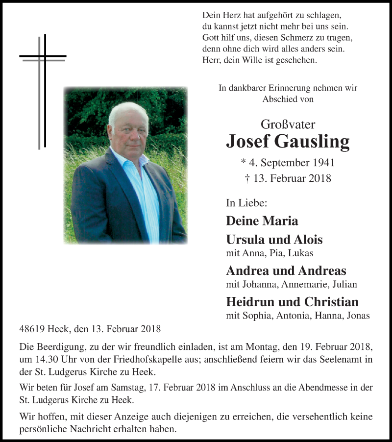  Traueranzeige für Josef Gausling vom 15.02.2018 aus Münstersche Zeitung und Münsterland Zeitung