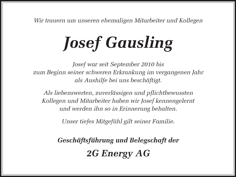 Traueranzeige für Josef Gausling vom 17.02.2018 aus Münstersche Zeitung und Münsterland Zeitung