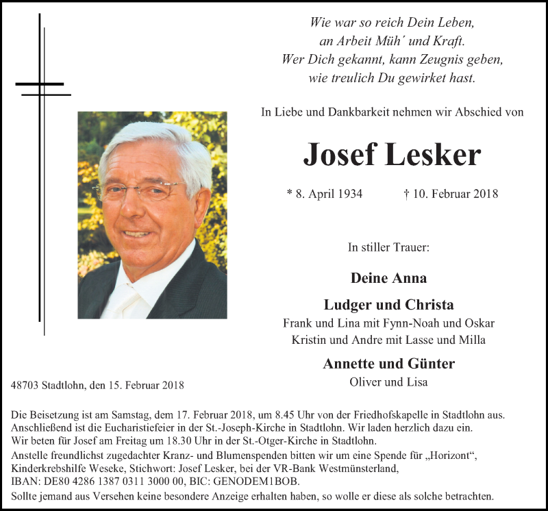  Traueranzeige für Josef Lesker vom 15.02.2018 aus Münstersche Zeitung und Münsterland Zeitung