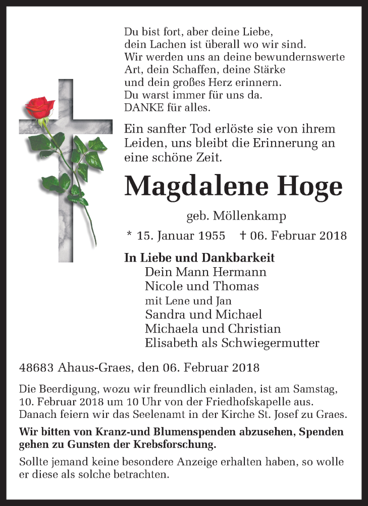  Traueranzeige für Magdalene Hoge vom 08.02.2018 aus Münstersche Zeitung und Münsterland Zeitung