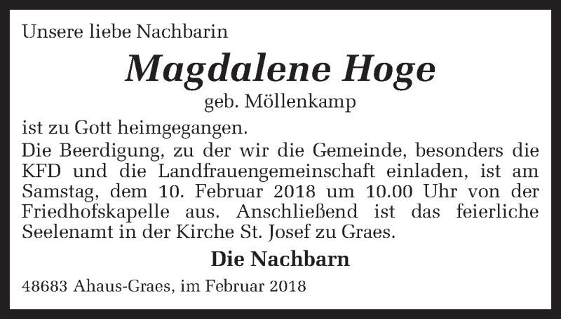  Traueranzeige für Magdalene Hoge vom 09.02.2018 aus Münstersche Zeitung und Münsterland Zeitung