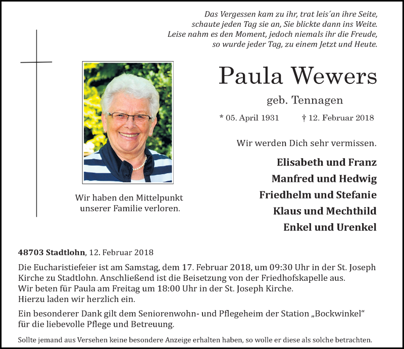  Traueranzeige für Paula Wewers vom 14.02.2018 aus Münstersche Zeitung und Münsterland Zeitung