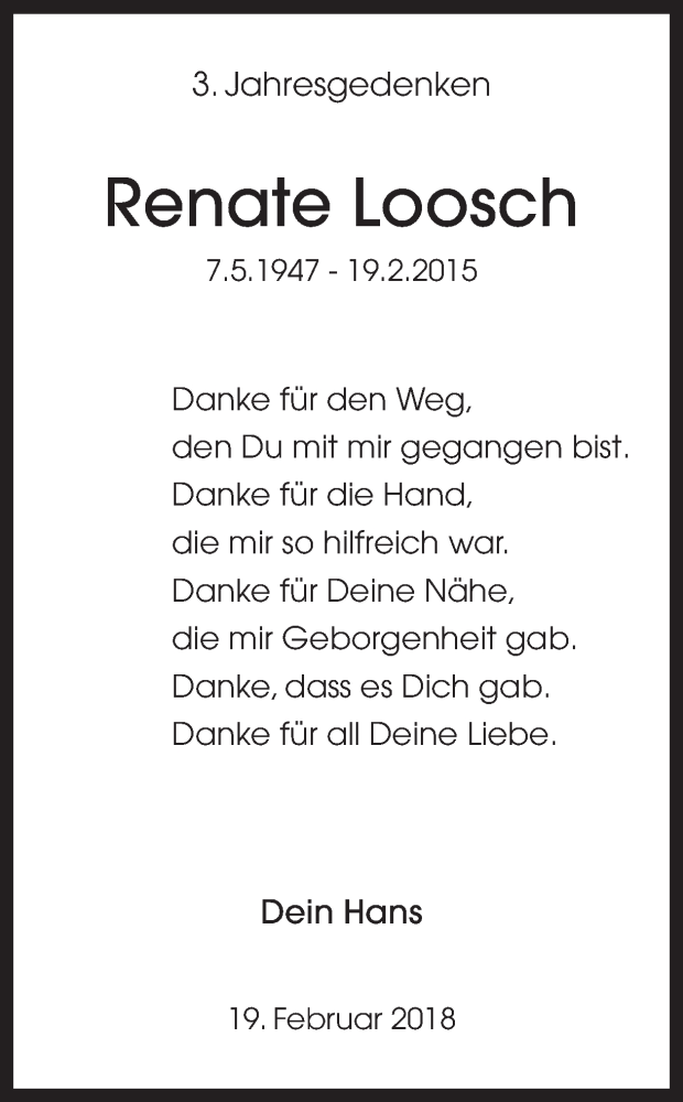  Traueranzeige für Renate Loosch vom 19.02.2018 aus Ruhr Nachrichten