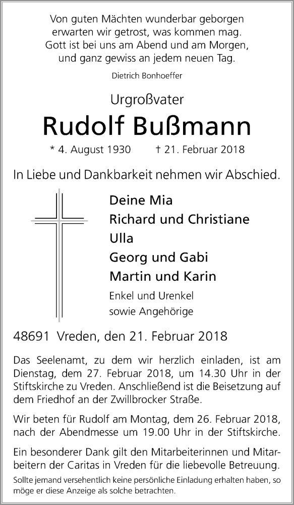  Traueranzeige für Rudolf Bußmann vom 24.02.2018 aus Münstersche Zeitung und Münsterland Zeitung