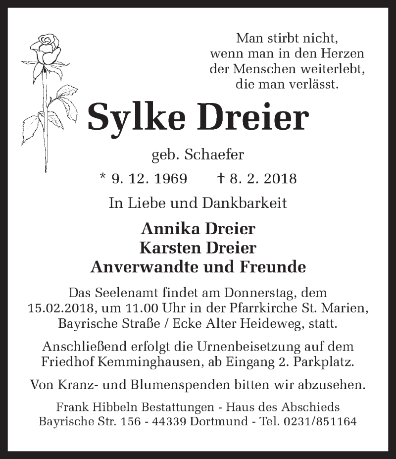  Traueranzeige für Sylke Dreier vom 10.02.2018 aus Ruhr Nachrichten