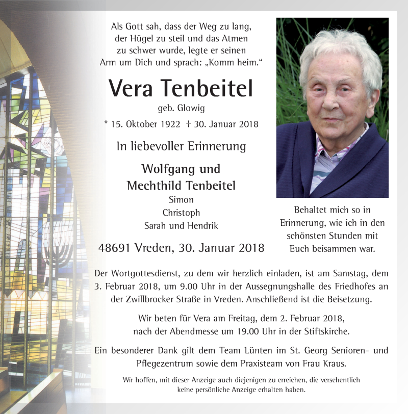  Traueranzeige für Vera Tenbeitel vom 01.02.2018 aus Münstersche Zeitung und Münsterland Zeitung