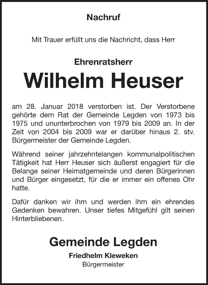  Traueranzeige für Wilhelm Heuser vom 02.02.2018 aus Münstersche Zeitung und Münsterland Zeitung