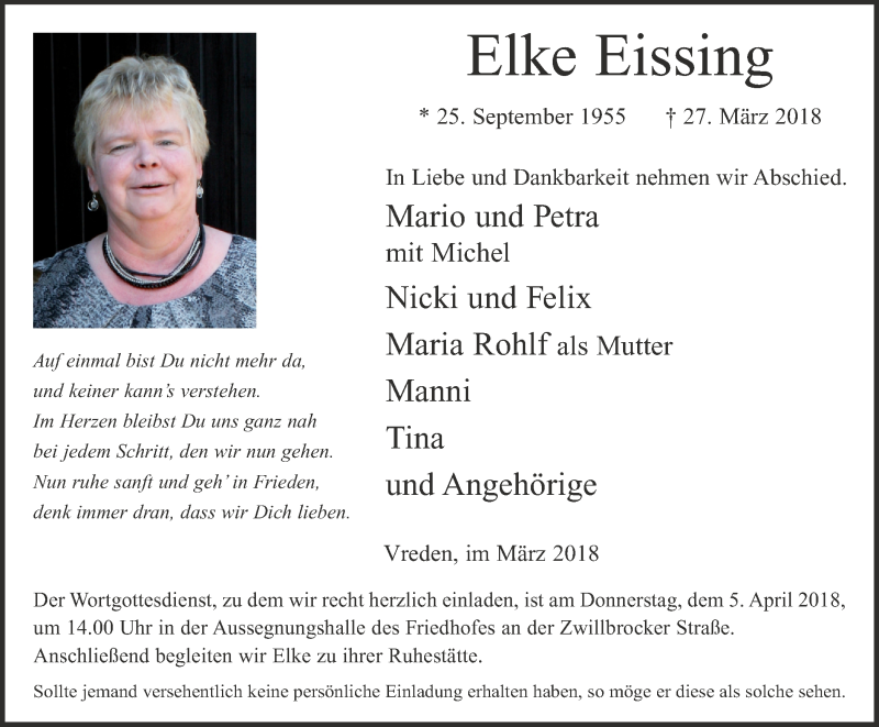  Traueranzeige für Elke Eissing vom 31.03.2018 aus Münstersche Zeitung und Münsterland Zeitung