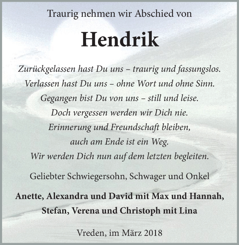  Traueranzeige für Hendrik Katier vom 03.03.2018 aus Münstersche Zeitung und Münsterland Zeitung