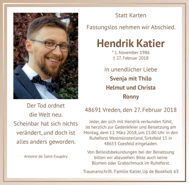  Traueranzeige für Hendrik Katier vom 03.03.2018 aus Münstersche Zeitung und Münsterland Zeitung