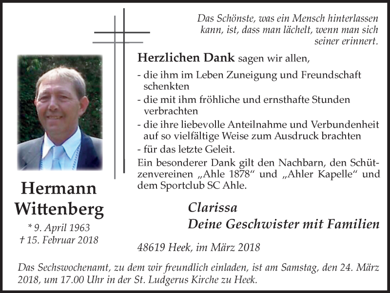  Traueranzeige für Hermann Wittenberg vom 21.03.2018 aus Münstersche Zeitung und Münsterland Zeitung