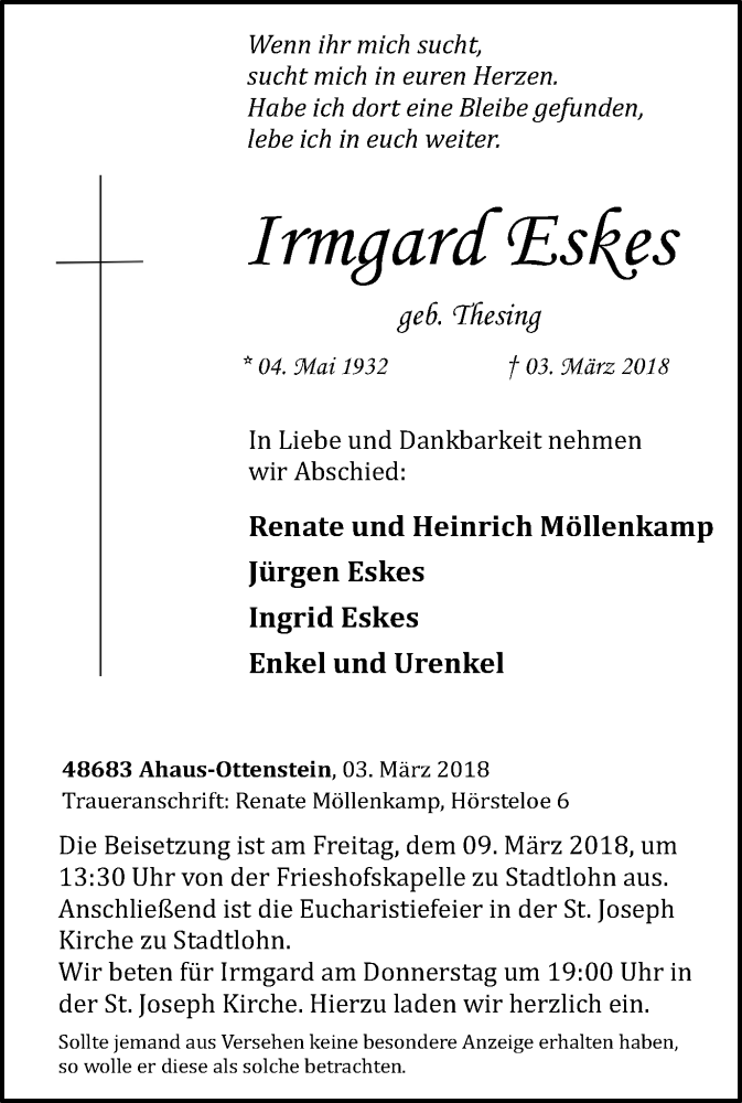  Traueranzeige für Irmgard Eskes vom 06.03.2018 aus Münstersche Zeitung und Münsterland Zeitung