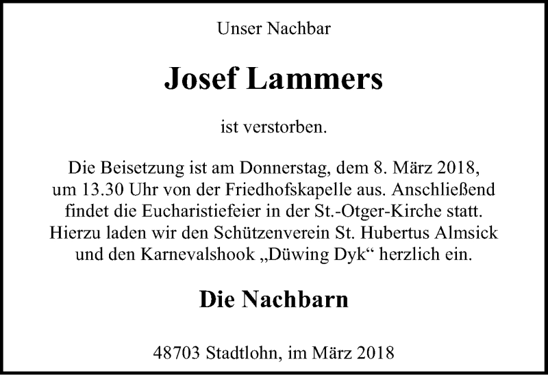  Traueranzeige für Josef Lammers vom 06.03.2018 aus Münstersche Zeitung und Münsterland Zeitung