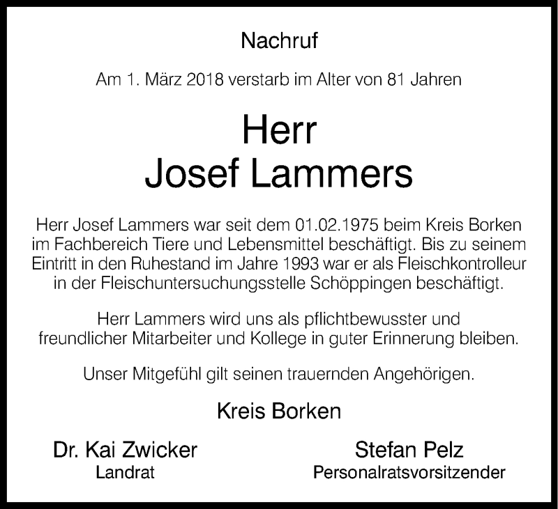  Traueranzeige für Josef Lammers vom 08.03.2018 aus Münstersche Zeitung und Münsterland Zeitung