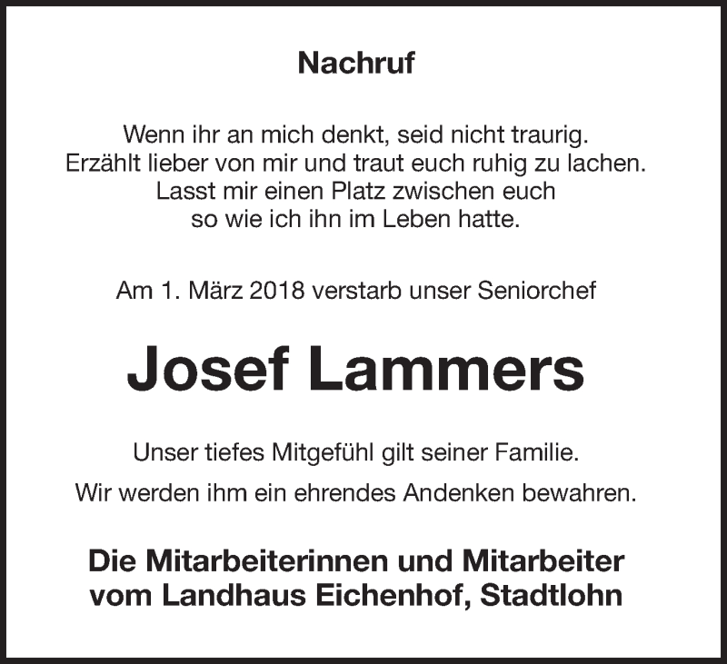  Traueranzeige für Josef Lammers vom 08.03.2018 aus Münstersche Zeitung und Münsterland Zeitung