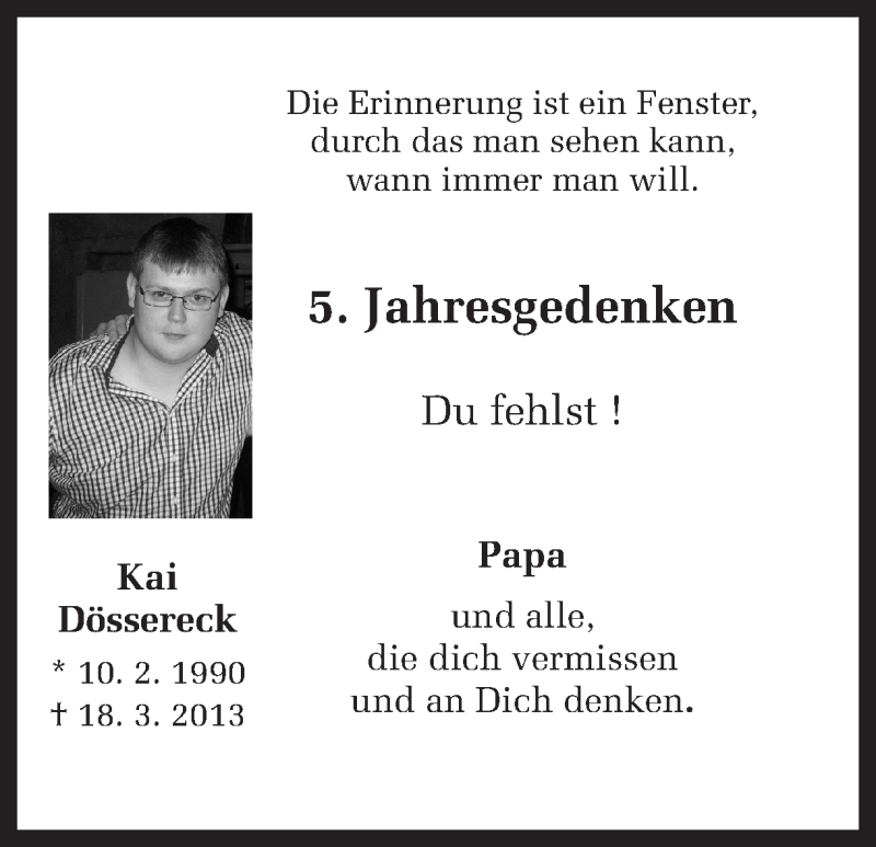  Traueranzeige für Kai Dössereck vom 17.03.2018 aus Ruhr Nachrichten