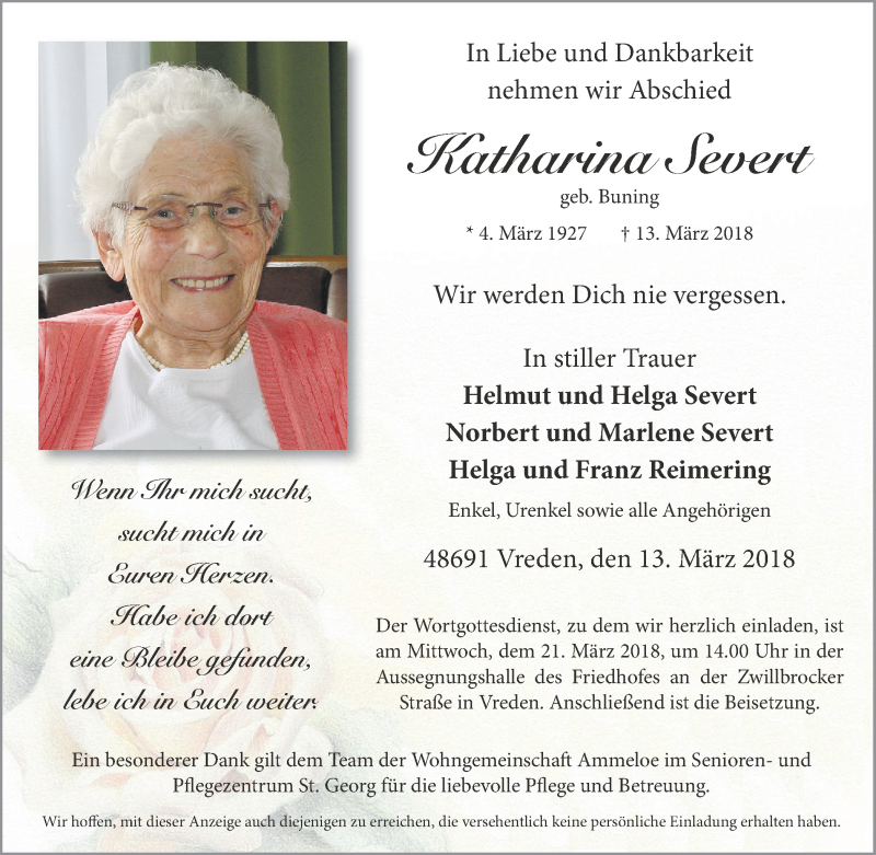  Traueranzeige für Katharina Severt vom 17.03.2018 aus Münstersche Zeitung und Münsterland Zeitung