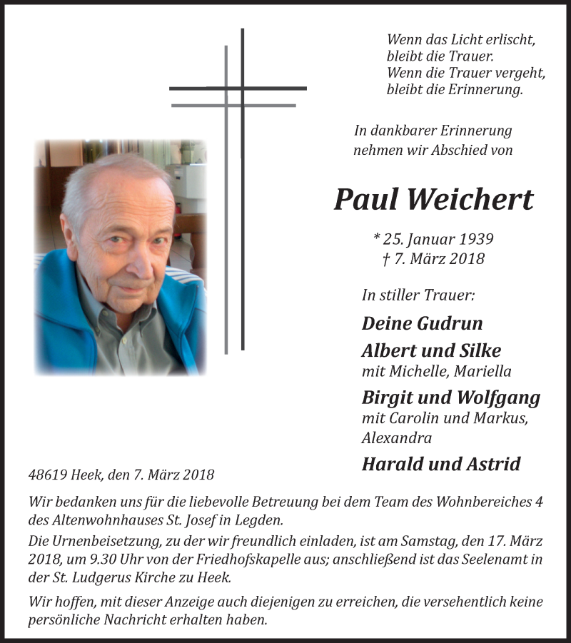  Traueranzeige für Paul Weichert vom 10.03.2018 aus Münstersche Zeitung und Münsterland Zeitung