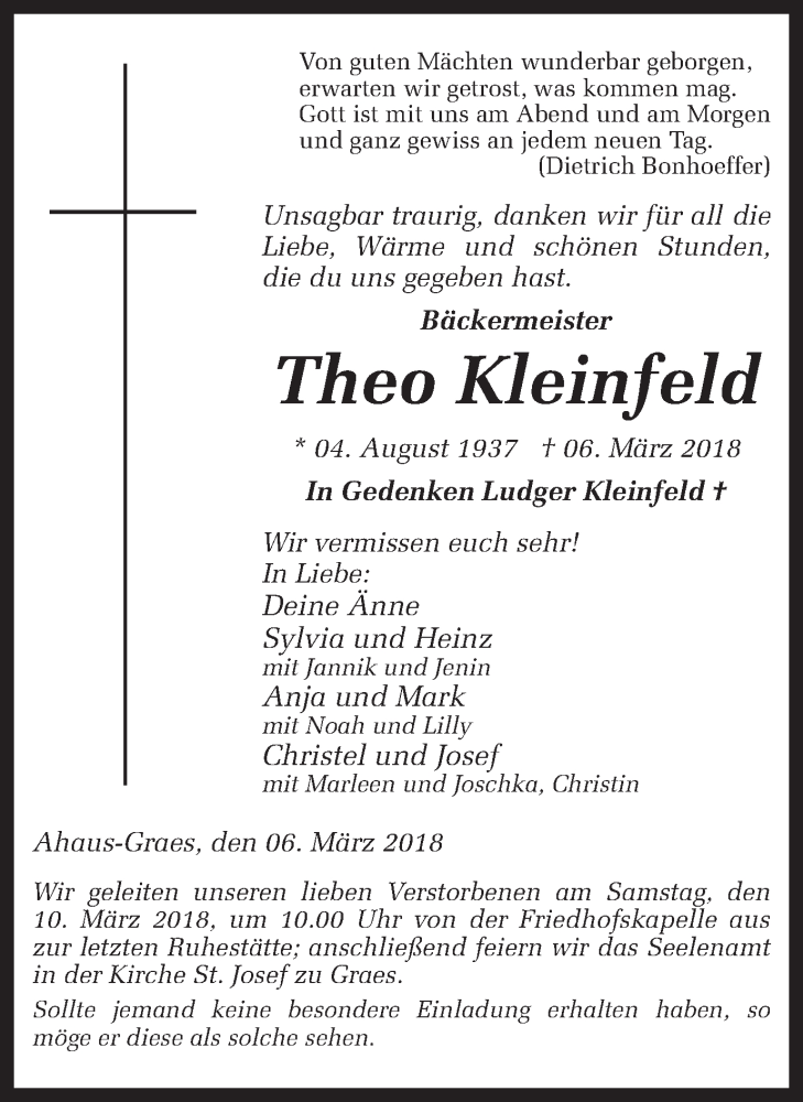  Traueranzeige für Theo Kleinfeld vom 08.03.2018 aus Münstersche Zeitung und Münsterland Zeitung