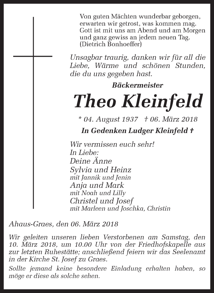  Traueranzeige für Theo Kleinfeld vom 08.03.2018 aus 