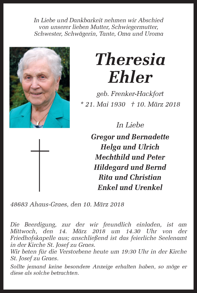  Traueranzeige für Theresia Ehler vom 12.03.2018 aus Münstersche Zeitung und Münsterland Zeitung
