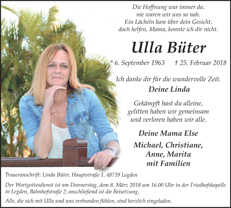  Traueranzeige für Ulla Büter vom 03.03.2018 aus Münstersche Zeitung und Münsterland Zeitung