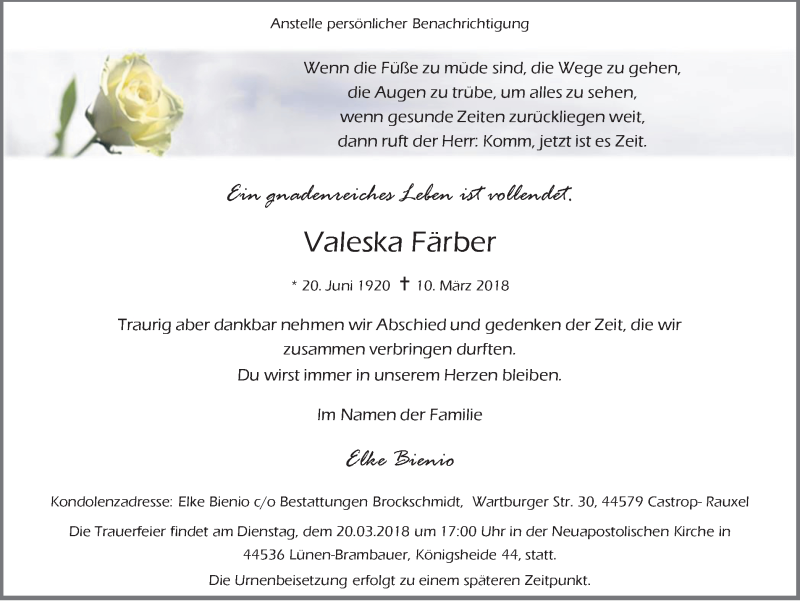  Traueranzeige für Valeska Färber vom 19.03.2018 aus Ruhr Nachrichten