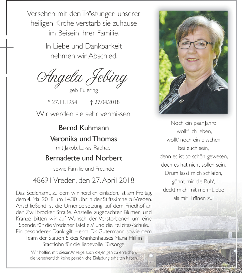  Traueranzeige für Angela Jebing vom 30.04.2018 aus Münstersche Zeitung und Münsterland Zeitung