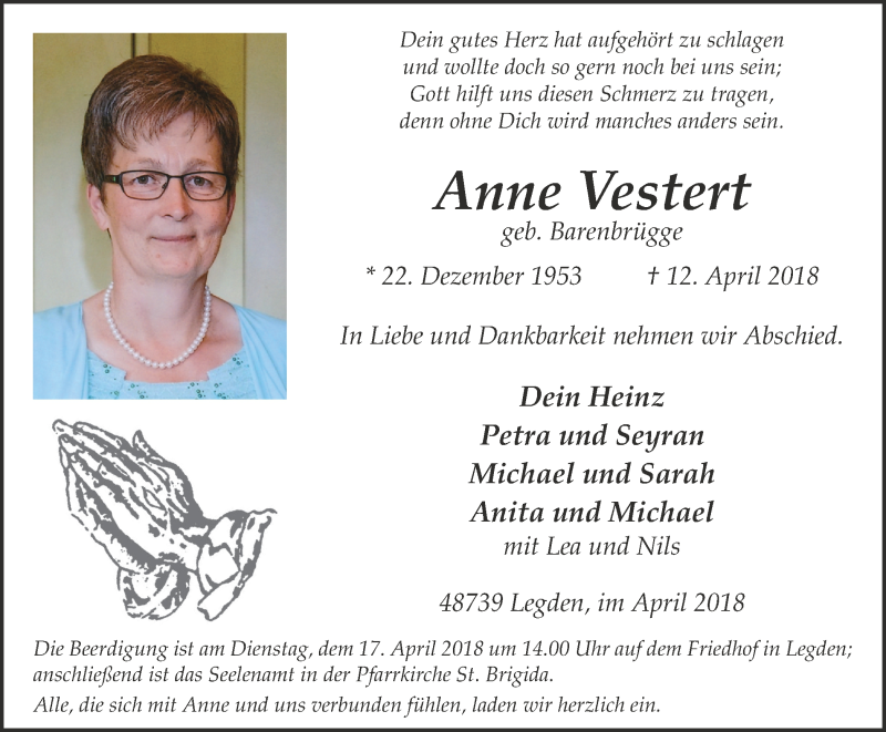  Traueranzeige für Anne Vestert vom 14.04.2018 aus Münstersche Zeitung und Münsterland Zeitung