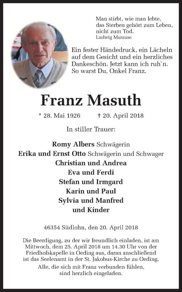  Traueranzeige für Franz Masuth vom 21.04.2018 aus Münstersche Zeitung und Münsterland Zeitung