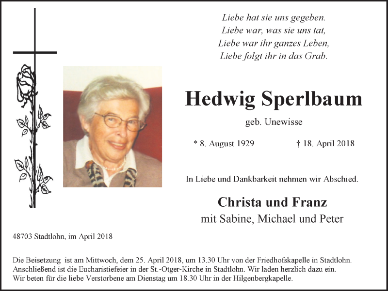  Traueranzeige für Hedwig Sperlbaum vom 21.04.2018 aus Münstersche Zeitung und Münsterland Zeitung