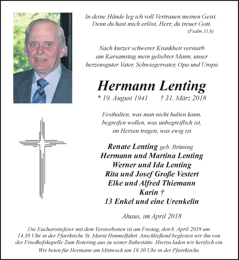  Traueranzeige für Hermann Lenting vom 03.04.2018 aus Münstersche Zeitung und Münsterland Zeitung