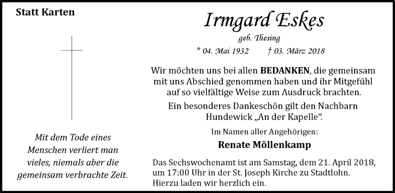  Traueranzeige für Irmgard Eskes vom 18.04.2018 aus Münstersche Zeitung und Münsterland Zeitung