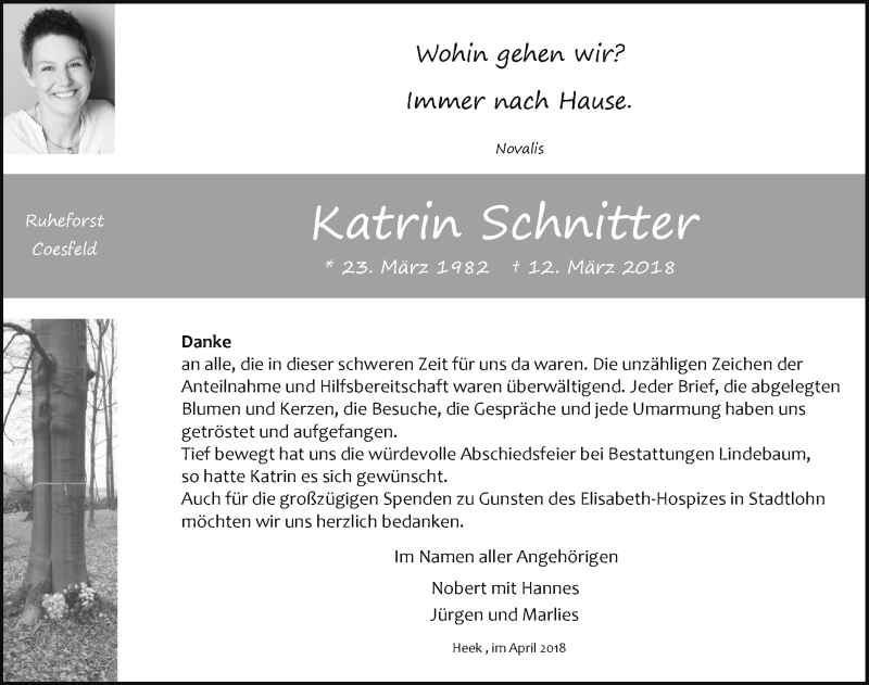  Traueranzeige für Katrin Schnitter vom 21.04.2018 aus Münstersche Zeitung und Münsterland Zeitung