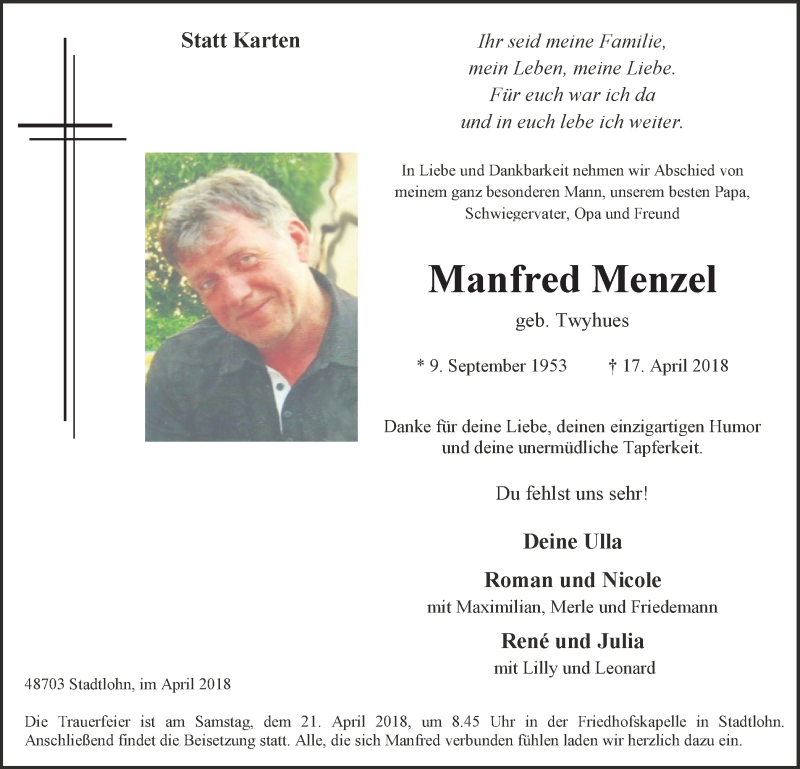  Traueranzeige für Manfred Menzel vom 19.04.2018 aus Münstersche Zeitung und Münsterland Zeitung