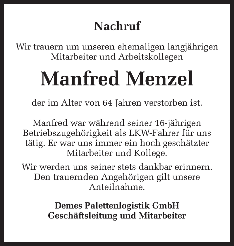  Traueranzeige für Manfred Menzel vom 21.04.2018 aus Münstersche Zeitung und Münsterland Zeitung