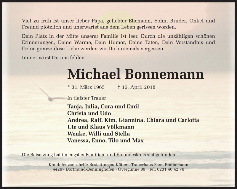  Traueranzeige für Michael Bonnemann vom 25.04.2018 aus Ruhr Nachrichten