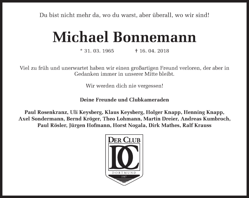  Traueranzeige für Michael Bonnemann vom 28.04.2018 aus Ruhr Nachrichten