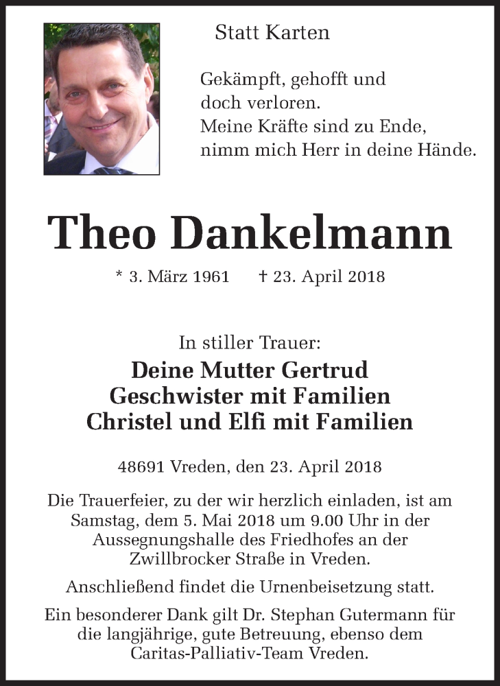  Traueranzeige für Theo Dankelmann vom 28.04.2018 aus Münstersche Zeitung und Münsterland Zeitung