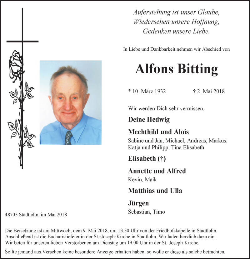  Traueranzeige für Alfons Bitting vom 05.05.2018 aus Münstersche Zeitung und Münsterland Zeitung