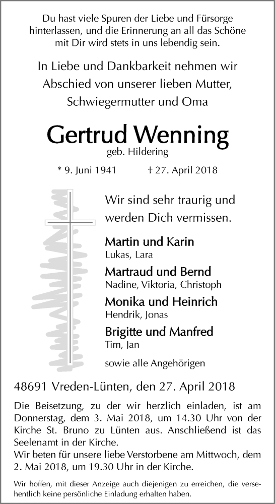  Traueranzeige für Gertrud Wenning vom 01.05.2018 aus Münstersche Zeitung und Münsterland Zeitung