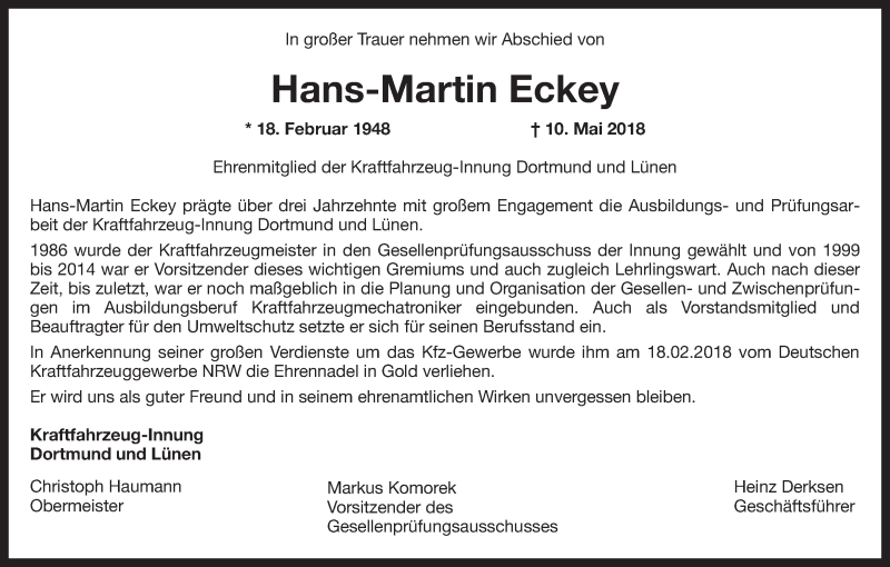  Traueranzeige für Hans-Martin Eckey vom 22.05.2018 aus Ruhr Nachrichten
