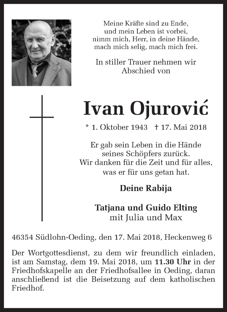  Traueranzeige für Ivan Ojurovic vom 19.05.2018 aus Münstersche Zeitung und Münsterland Zeitung