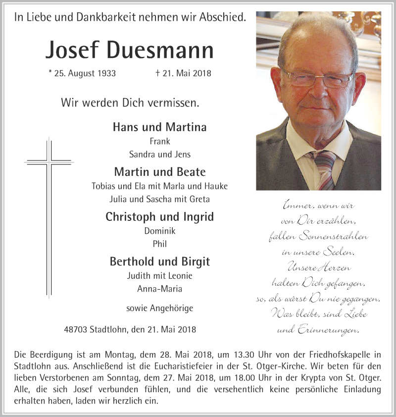  Traueranzeige für Josef Duesmann vom 24.05.2018 aus Münstersche Zeitung und Münsterland Zeitung